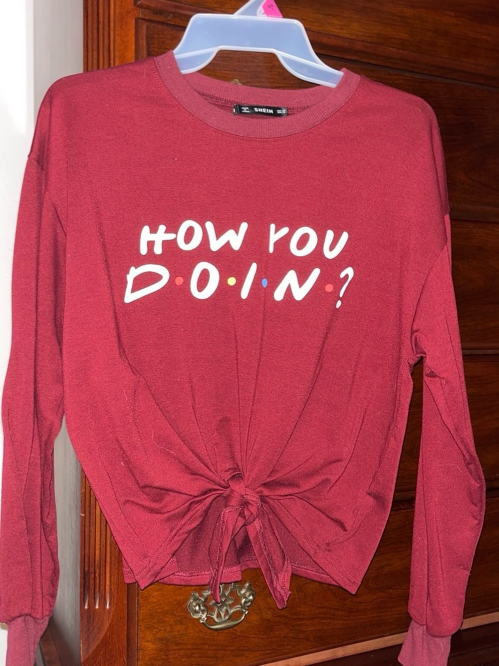 SHEIN Maroon 'How You Doin?' Long Sleeve Tie-Front Tee